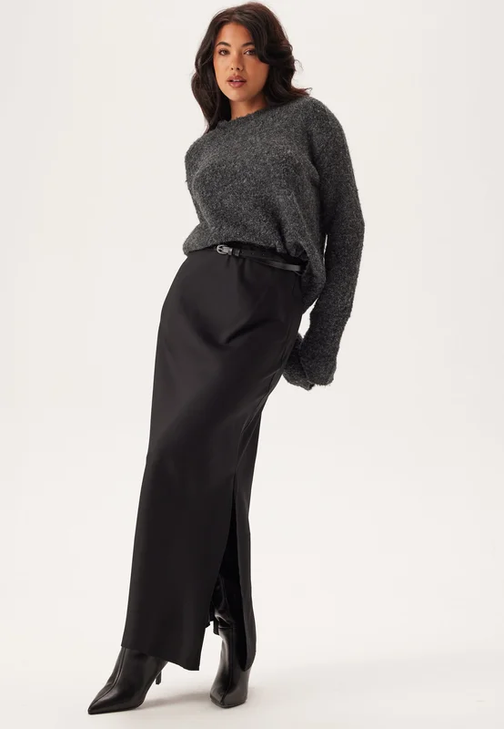 BUBBLEROOM - Slit Satin Maxi Skirt - Black