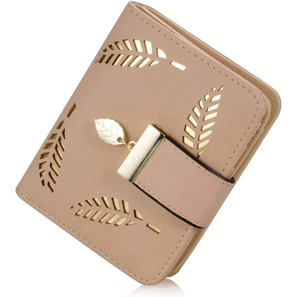 Small Leather Women's Wallet with Two Compartments, Handbag with Cash/ID/Credit Card Slots, Hollow Leaf, Vegan Coin Purse for Ladies with Zipper