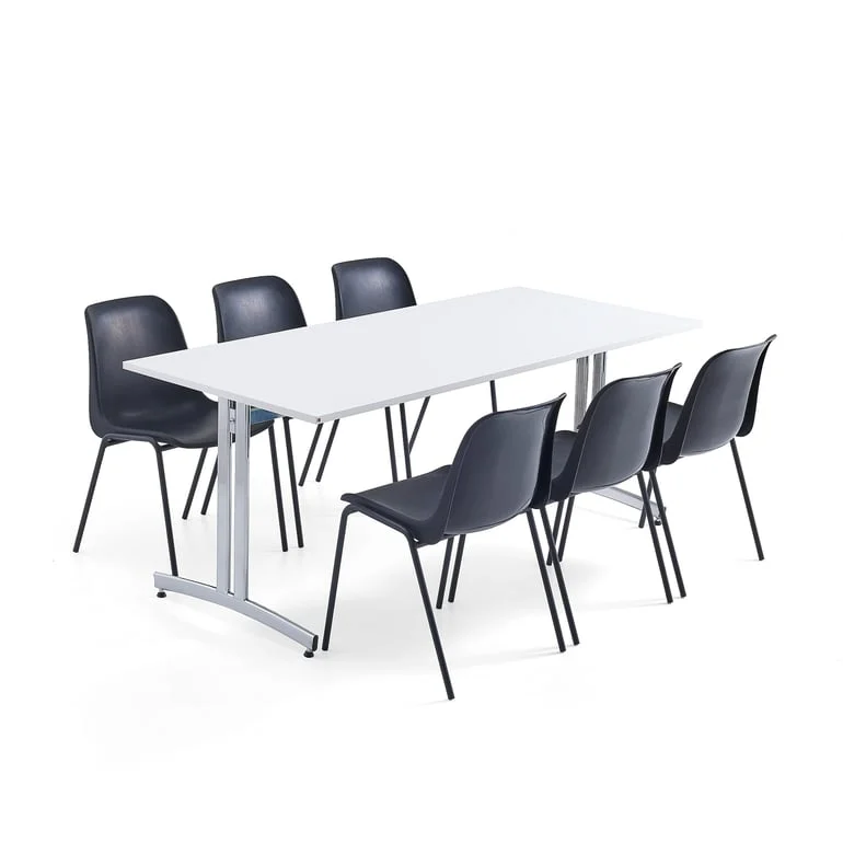 Møbelgruppe SANNA + SIERRA - Spisebord med 6 stoler - Laminat, svart/svart - Perfekt for pauserom - AJ Produkter