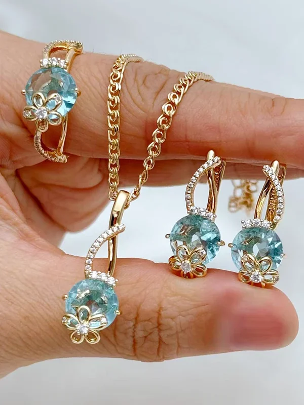 AliExpress - Kinel Einzigartiger blauer Stein-Ring, Ohrringe, Halskette für Damen, 585er Roségoldfarbe mit natürlichem Zirkon, Accessoires, Vintage-