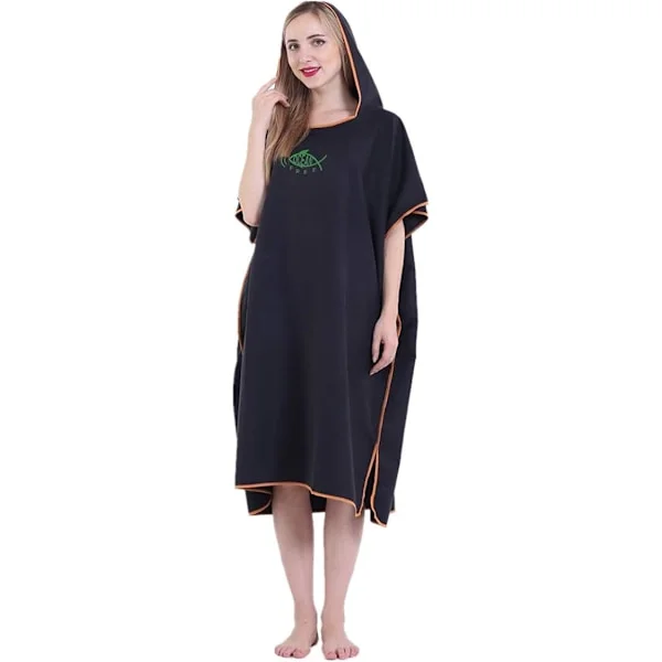 Unisex Bad Poncho Strandhandduk Mikrofiber Snabbtorkande Badrock Poncho med Huva Badlakan(svart)