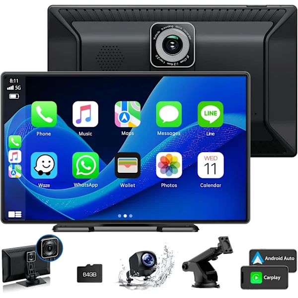 9'' Carplay-skjerm for bil med 2.5K Dash Cam, 1080p ryggekamera, trådløs CarPlay Android Auto-skjerm med speilkobling – kun engelsk