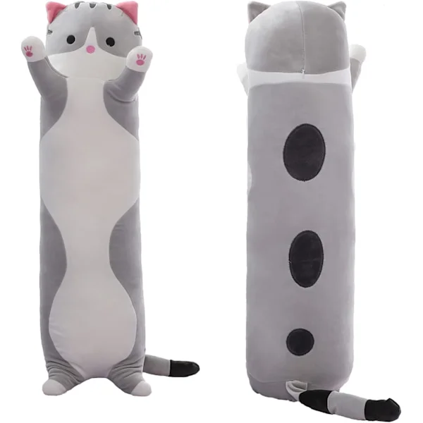 Söt kattplysch lång kudde - Mjuka tecknade djurdockor, Kawaii kattplyschleksaker, 50 cm grå kramkudde, för flickor och pojkar