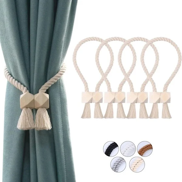 Förpackning magnetiska gardinomtag, handvävda gardinomtag i bomull, gardinhållare, gardinomtag, gardinfästen för gardiner (beige, 4)