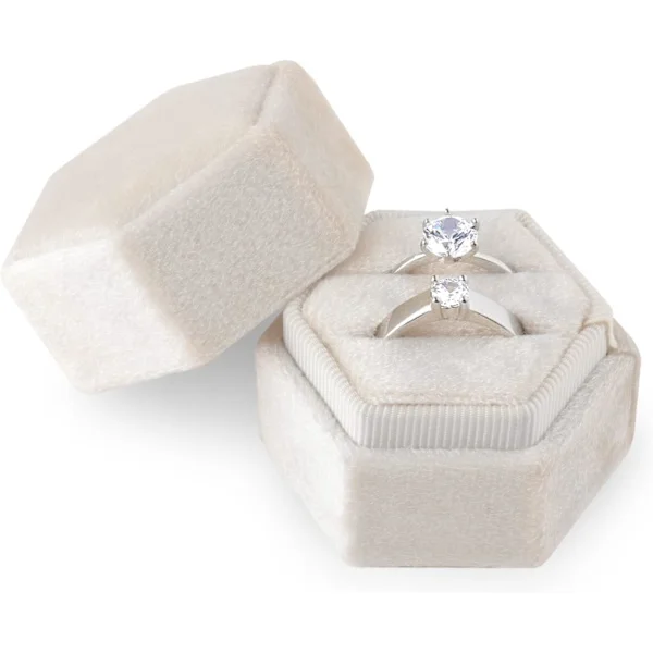 Velvet Ring Box, for Jewelry Double Slot Hexagon Ring Box for Engagement Ceremony Wedding Valentine's Day Holds 2 Rings (Beige)