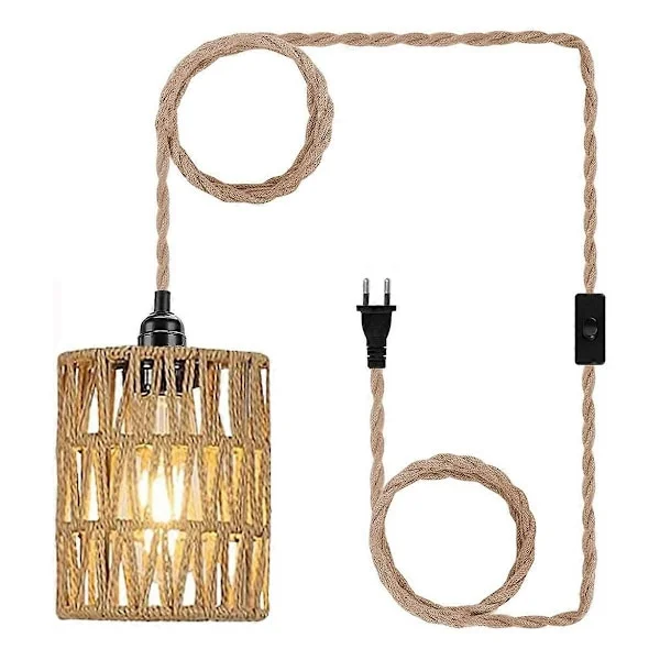 Boho Plug-in Pendellampe, Hengende Lampe med Plug-in Ledning, Taklampe Rattan Sylinder Lampeskjerm - Perfekt