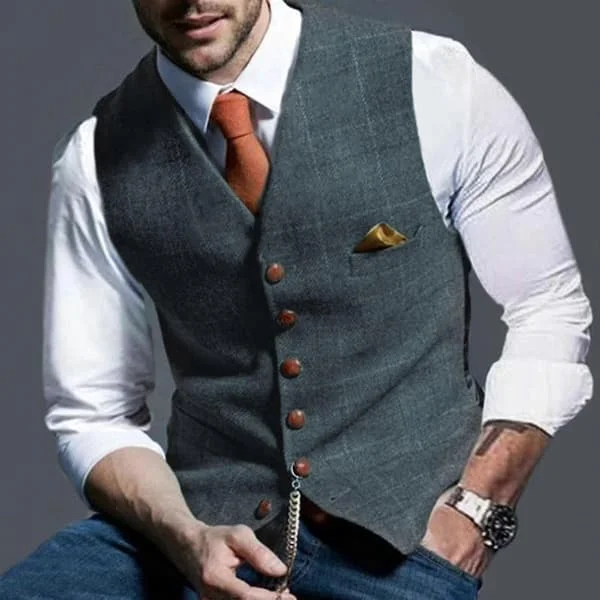 Herre Rutete V-hals Enkeltspent Slim Fit Vest Dress Business Vest