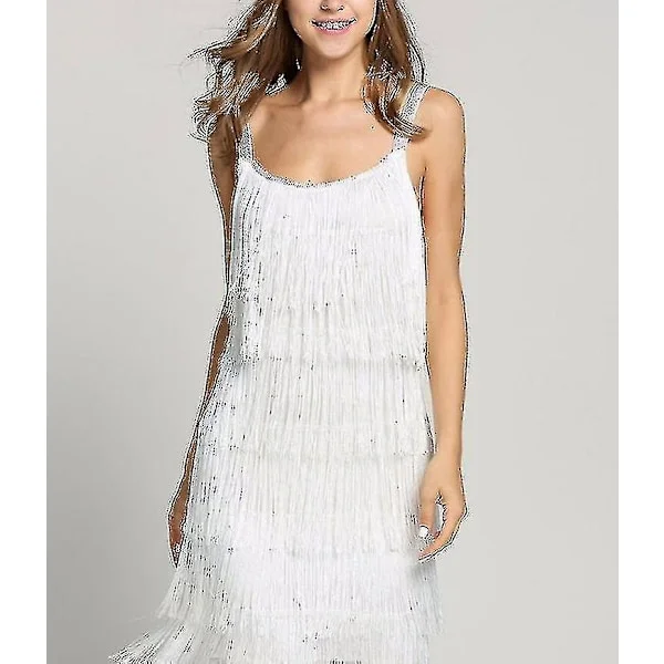 Great Gatsby Kjole 1920-talls Party Vintage Perlebrodert Dame Fransk Kjole med Frynser Hvit Hvit White XL