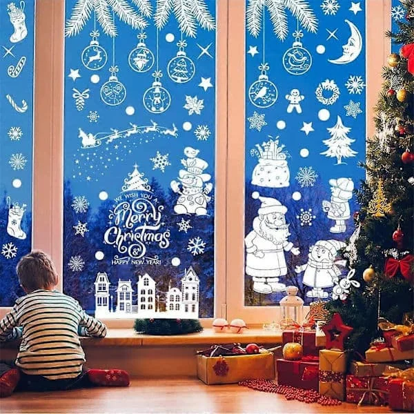 Jul fönsterdekoration, 9 ark jul fönsterdekaler, självhäftande jul fönsterdekoration