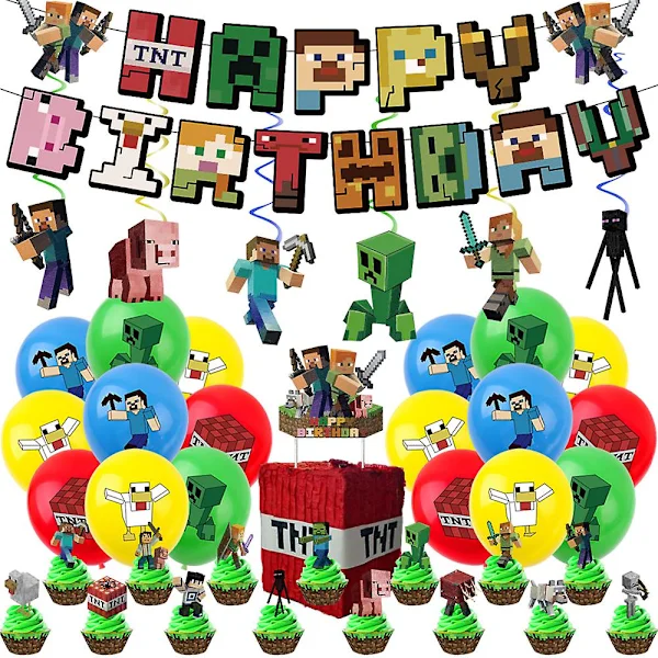 (Specialerbjudanden) Minecraft Tema Barnkalas Dekorationer Ballonger Banner Tårtdekoration Set