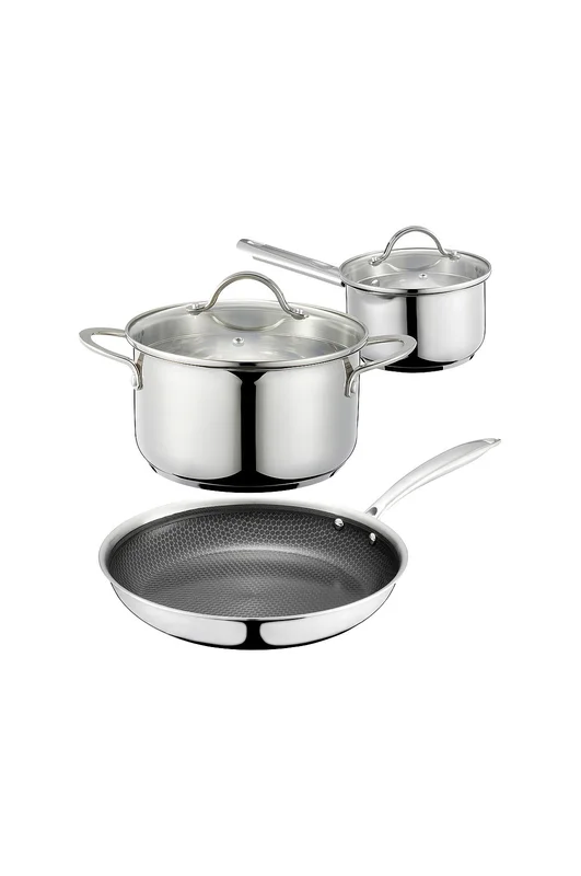 Dorre - Kosmos Kjøkkensett i rustfritt stål - 2 kasseroller i rustfritt stål (1,5 l og 3 l) og stekepanne i rustfritt stål ( Eminence ) Ø28 cm - Sølv 