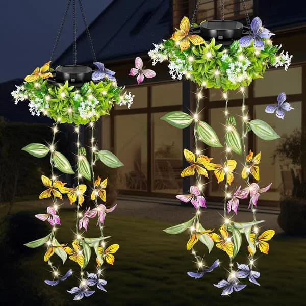 Solar Hængende Havelamper 2-pak - LED Fairy Lysstreng med Kunstige Sommerfugle & Blomster, IP65 Vandtæt Udendørs Dekor