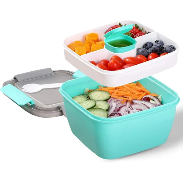 Portable Salad Lunch Container - 1.1 Liter Salad Bowl - 2 Compartments with Dressing Cup, Large Bento Boxes, Lunch Boxes for Food Fruit Snacks