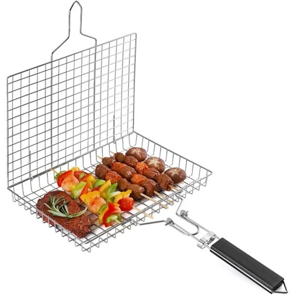 Denna återanvändbara, bärbara, hopfällbara grillkorg i rostfritt stål med handtag är lämplig för att grilla fisk, grönsaker, räkor och mer, och är
