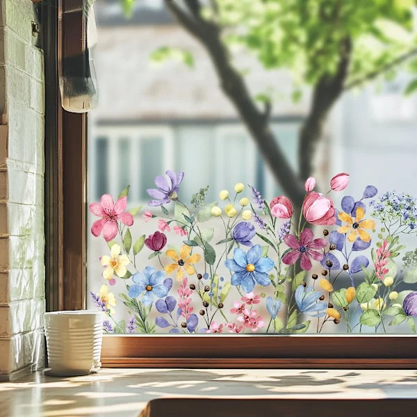 Stora Fjäderblommiga Fönsterdekaler Sommarblommor Dubbelsidiga Återanvändbara