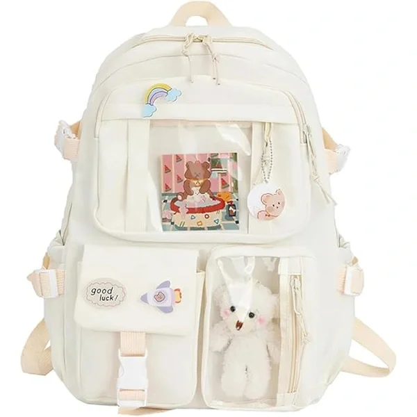 Kawaii Ryggsekk med Anheng, Stor Kapasitet Søt Bjørn Tilbehør Ryggsekk for Skolen Multi Pocket Ryggsekk for Tenåringsjenter Søte Kawaii-ryggsekker ...