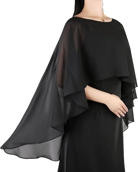 Sheer Chiffon Capes, Soft Capelets for Women, Lightweight Shawls and Wraps for Evening Dresses, Black