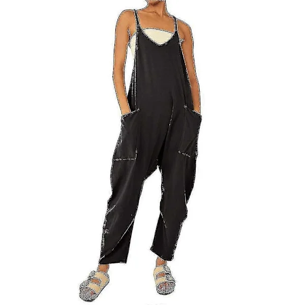 Dam Ledig Oversize Harem Lång Hängselbyxa Bib Byxor Snickarbyxor Baggy Jumpsuit Svart M_tfrf