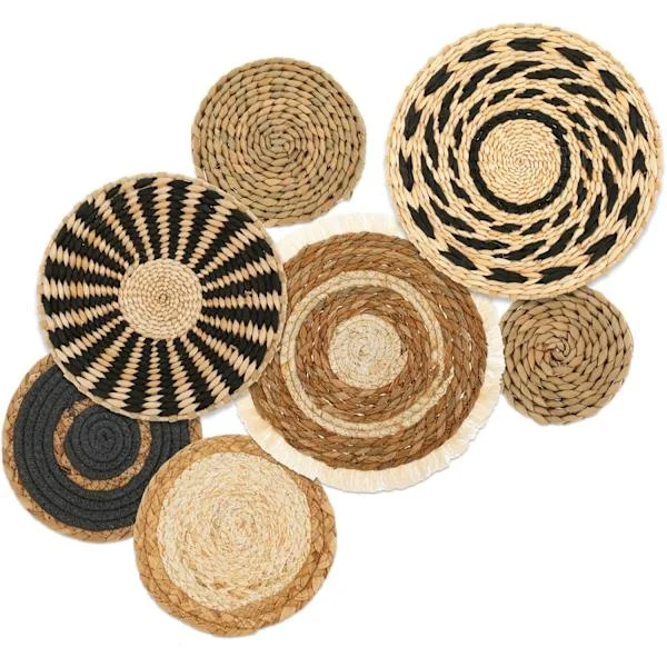 Set of 7 Bohemian Handmade Wall Baskets, Rattan and Wicker Wall Decor, Round Rattan Wall Decor
