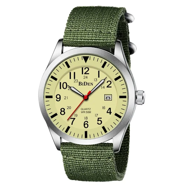 Men's Watches Military Watches Military Army Watch Men Analog Quartz Waterproof Wristwatches Date (Silver case light yellow surface green new)