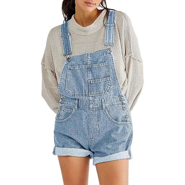 Kvinder Denim Shorts Overalls Sommer Casual Løs Pasform Justerbare Rompers Jean Jumpsuit Bib Shortalls Lyseblå L