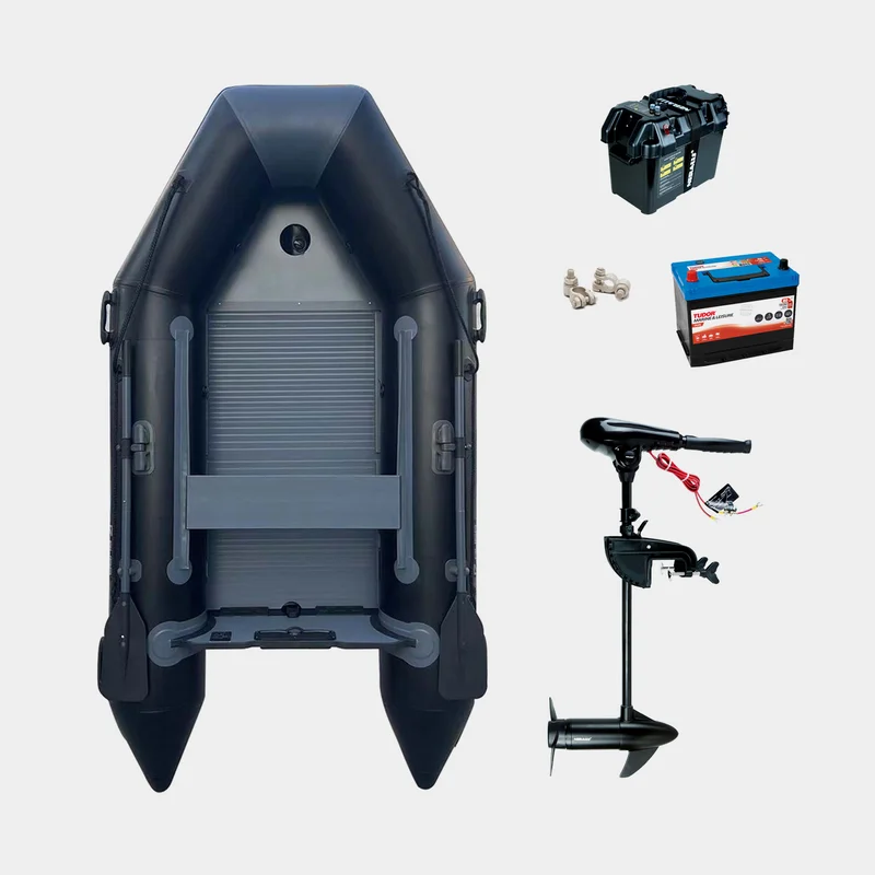 Gummibåt / gummijolle med elmotor RUBB 270 Pro Flex, aluminiumdurk, svart + RUBB X 36, 348 W, 71 cm justerbar rigglängd + batteri (80 Ah) + batterilåd