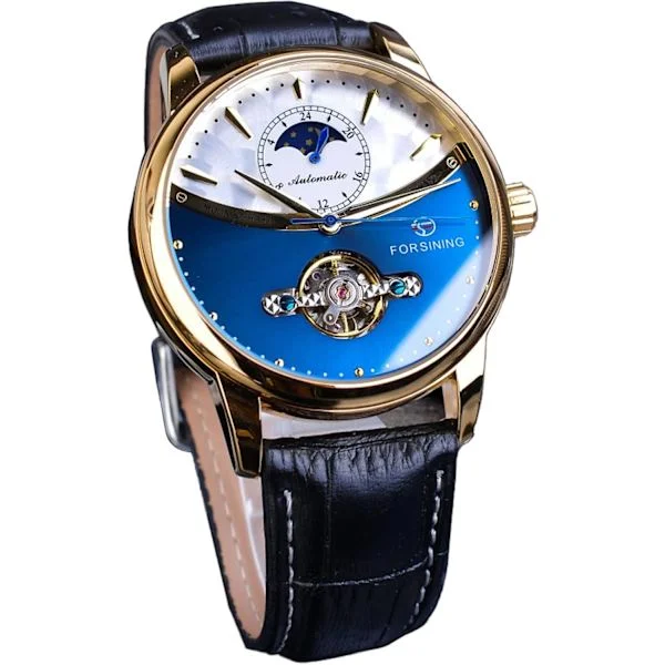 Men's Mechanical Moon Phase Tourbillon Stainless Steel Waterproof Self-Winding Retro Watches, Automatic Wristwatch with Leather Strap