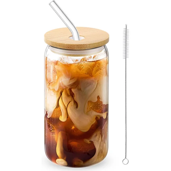 16 oz glas tumbler med låg og sugerør - Iced Coffee Cup, perfekt til sodavand, Boba Tea & cocktails - Genanvendelig overdækket glasdrikkeglas