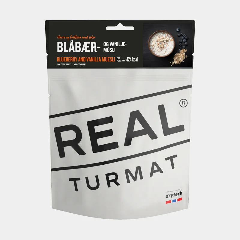 Comida liofilizada / comida para camping Real Turmat Muesli de arándanos y vainilla, vegetariana, paquete por porción, 330 g