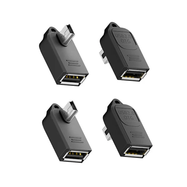 Vinklad mini USB hane till USB-A hona OTG-adapter 4-pack med nyckelring, USB2.0 480Mbps, svart ABS Längd:3.3cm Bredd:1.7cm, telefonladdning 5V/1A