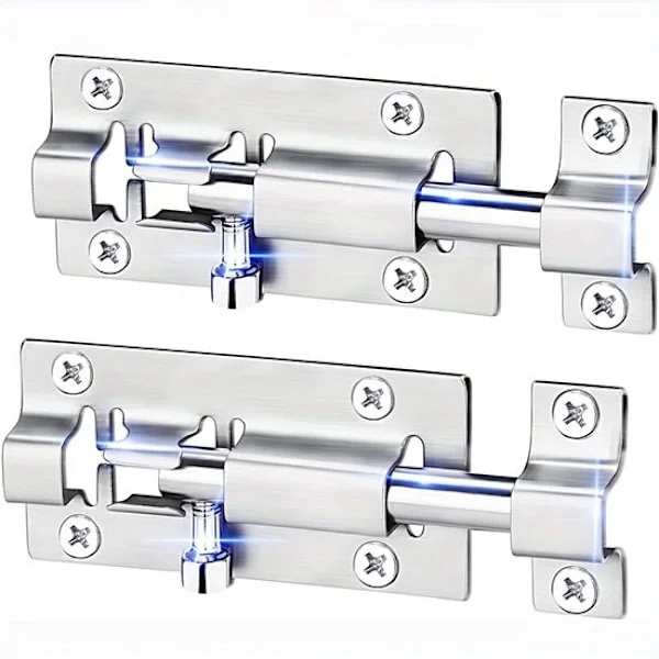 Set med 2 dörrlås – dörrlås – skjutregel – 3-tums skjutregel – För dörrar – Rostfritt stål – Silver
