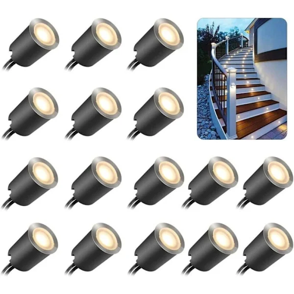 Sett med 16 innfelte utendørs LED-spotter – IP67 vanntett – Ø 32mm – Varmhvit 2800K – Enkel installasjon for terrasser og hager