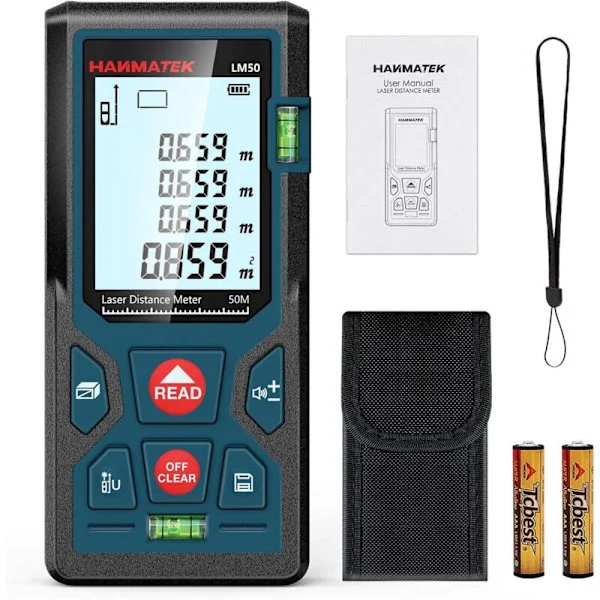 Digital Laseravstandsmåler, LM50 50m Digital Lasermåler, Lengde/Areal/Volum/Pythagoras-måling med LCD-bakgrunnsbelysning, IP54