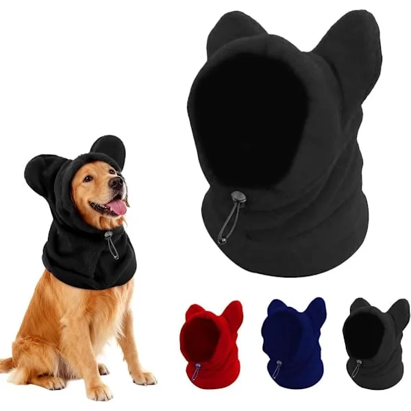 Dog Winter Hood with Ear Flaps, Fleece Neck Warmer for Dogs, (Black, S)