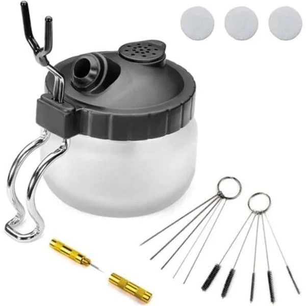 4-delt rengjøringssett for sprøytepistol, rengjøringsboks for sprøytepistol med luftfilterpute og holder, dyse-rengjøringsnål, 5 børster, 5 