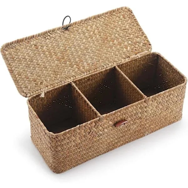 Förvaringskorg i sjögräs med rektangulärt lock, flätad korg med fack för att organisera toalettpapper, snacks, leksaker