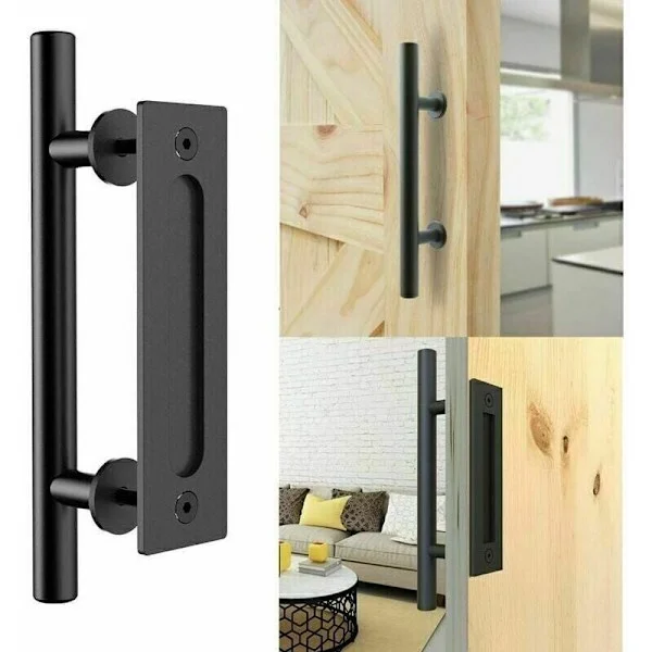 Retro Skyvedørhåndtak Svart Aluminium Trekk- og Innfelt Håndtak Sett for Skyvedør i Tre, 30cm