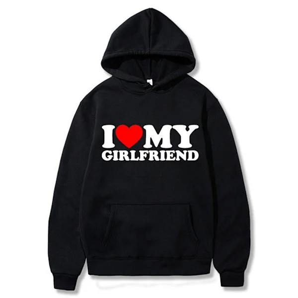 【14y】I Love My Girlfriend Hoodie med print til mænd, afslappet pullover sweatshirt med lomme, streetwear til vinter, sort, sort
