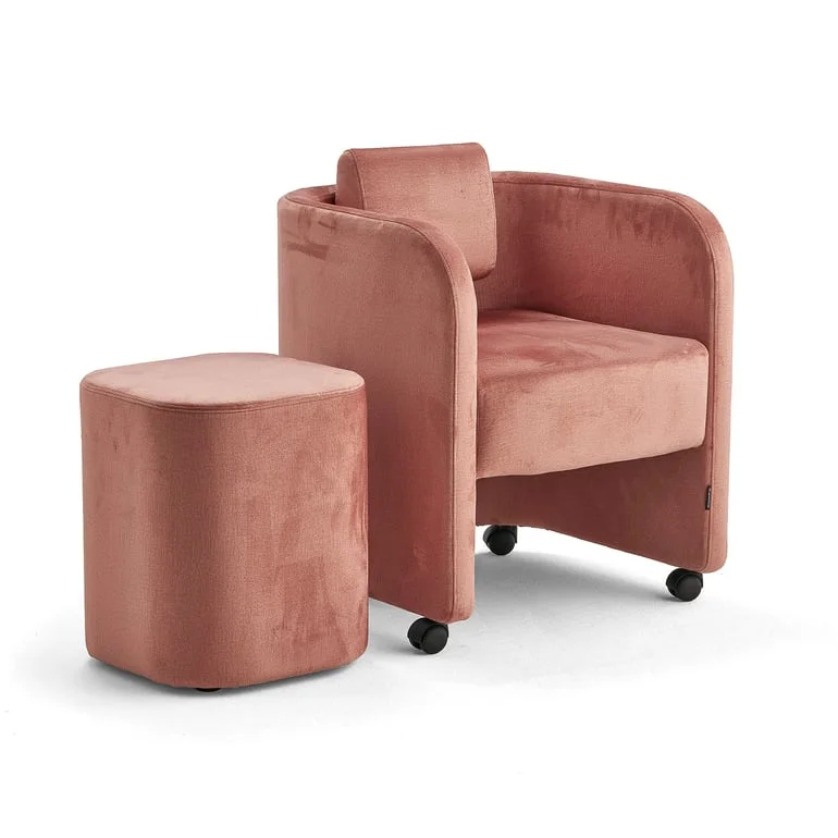 Furniture set COMFY, armchair + stool, with wheels, velvet, salmon pink