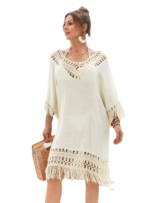 Boho Fringe Hæklet Cardigan, Lang Strand Cover Up til Badetøj, Sommer Håndstrikket Patchwork Resort Kjole til Kvinder