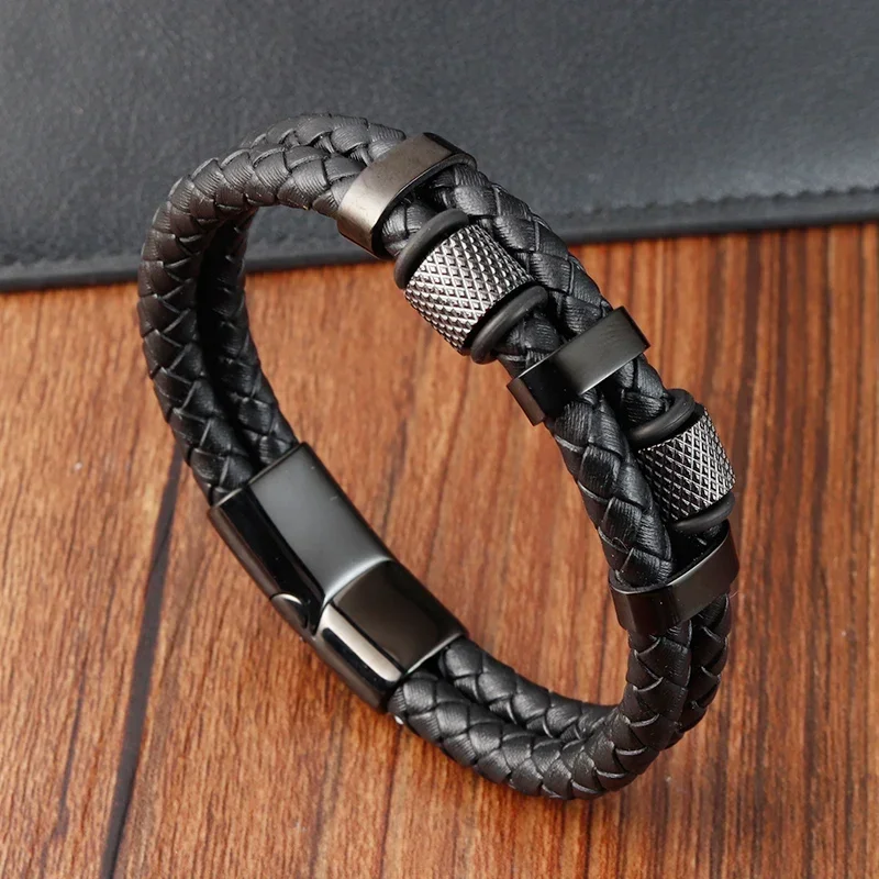 AliExpress - Bracelet en corde tressée à breloques pour hommes, boucle magnétique en acier inoxydable, Bracelets en cuir véritable, bijoux masculins 