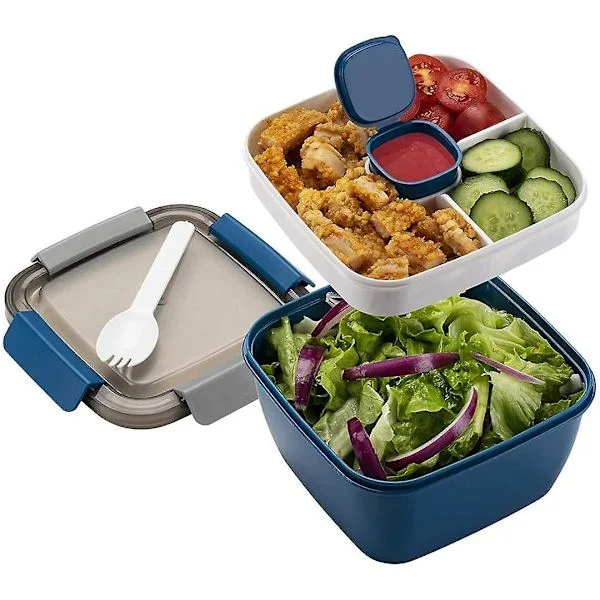 Blå Matboks med Inndelingsrom, Matboks for Voksne/Barn, Holdbar Bento Matboks, Salat Matboks Mikrobølgeovn Matbokser for Skole/Jobb/Piknik