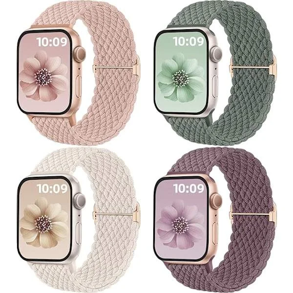 4-pack Solo Loop Flätade Klockarmband, Kompatibla med Apple Watch Armband 44mm, 45mm, 46mm, 49mm, Unisex, Rökig Lila/Grön/Stjärnljus/Rosa