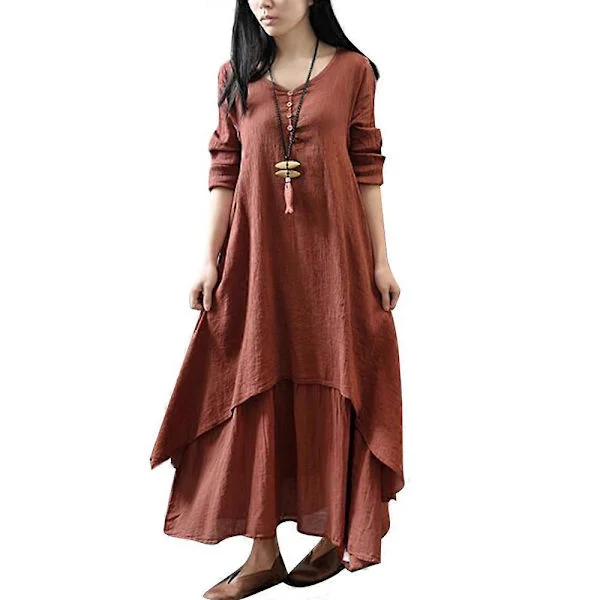 Dam Casual Boho Långärmad Bomull Linne Maxiklänning Sommarklänning V Ringning xl tegelröd