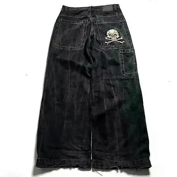 【BQ】Retro Gothic High-Waisted Jeans for Men and Women Y2k Baggy Black Harajuku Hip Hop Patterned Embroidered Blue Denim Pants Wide Leg Jeans S