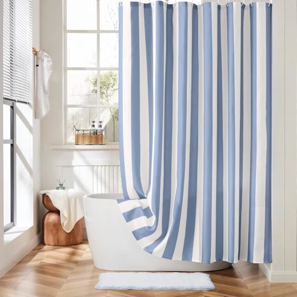 Vertikalrandig duschdraperi, vacker retro vintage blårandig duschdraperi av vattentätt polyestertyg för badrum, 183 x 183 cm, blå
