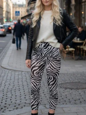 Zebramönstrade leggings med dragkedjor på benen, begagnade men inte trasiga. Strlk 34-36/SMALL.