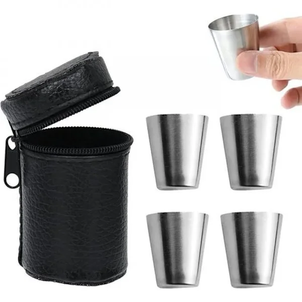 Stål likørglas, mini camping likørglas 30 ml med læderetui, velegnet til vandreture og camping.