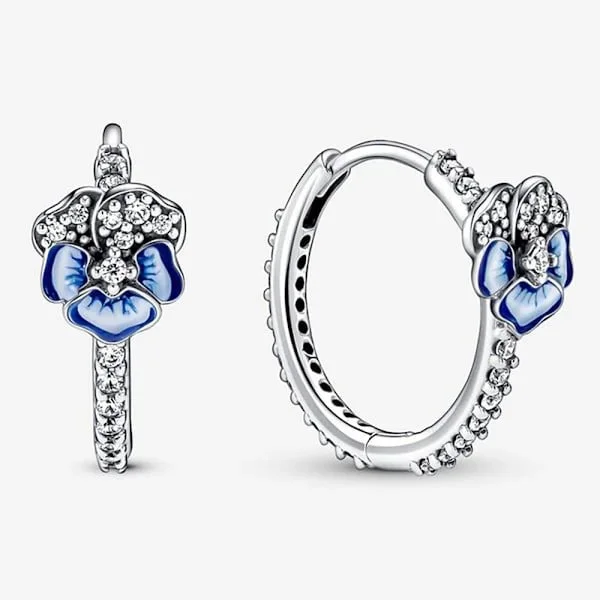 Pandora Sterling Silver Blue Pansy Brilliant Embrace Hoop Earrings 290775C01, Includes Original Box, SEB