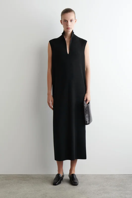 COS Women's Draped Collar Merino Wool Dress in Black